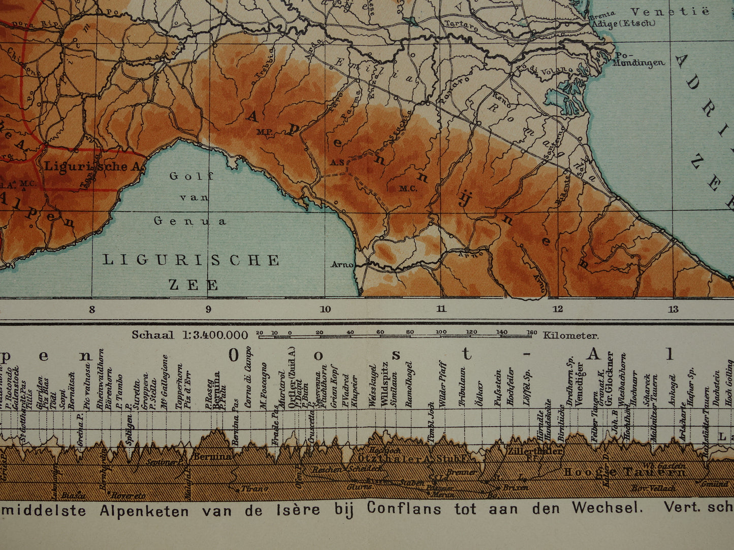 Oude kaart van de Alpen uit 1914 Originele vintage hoogtekaart van de Alpen antieke landkaart