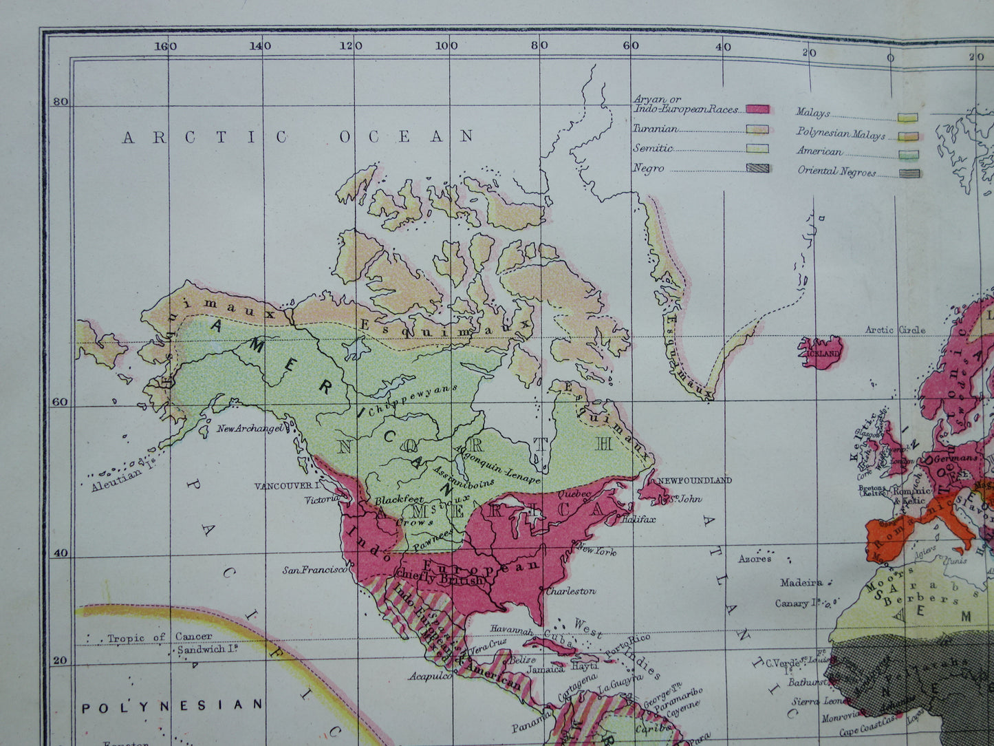 Vintage WORLD MAP old ethnographic map of the World from 1871 Antique print Anthropology Ethnology Human Races
