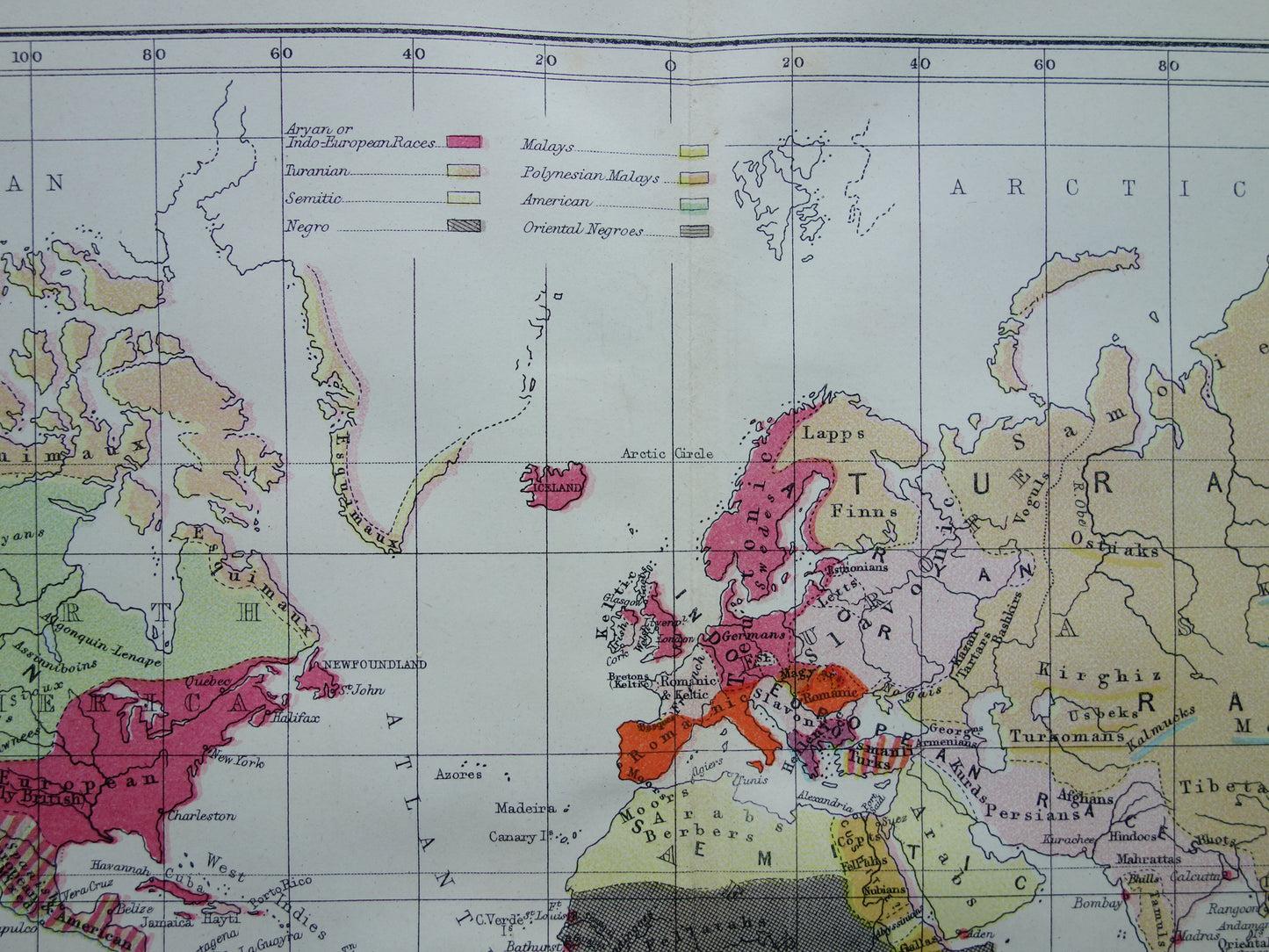 Vintage WORLD MAP old ethnographic map of the World from 1871 Antique print Anthropology Ethnology Human Races