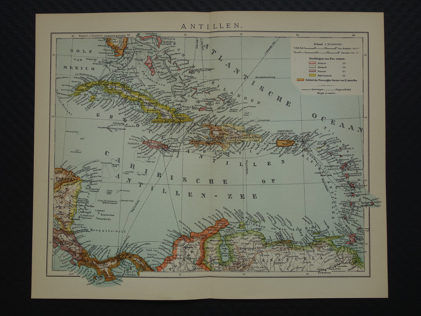 ANTILLES Old Dutch map of the Caribbean 1914 original antique map