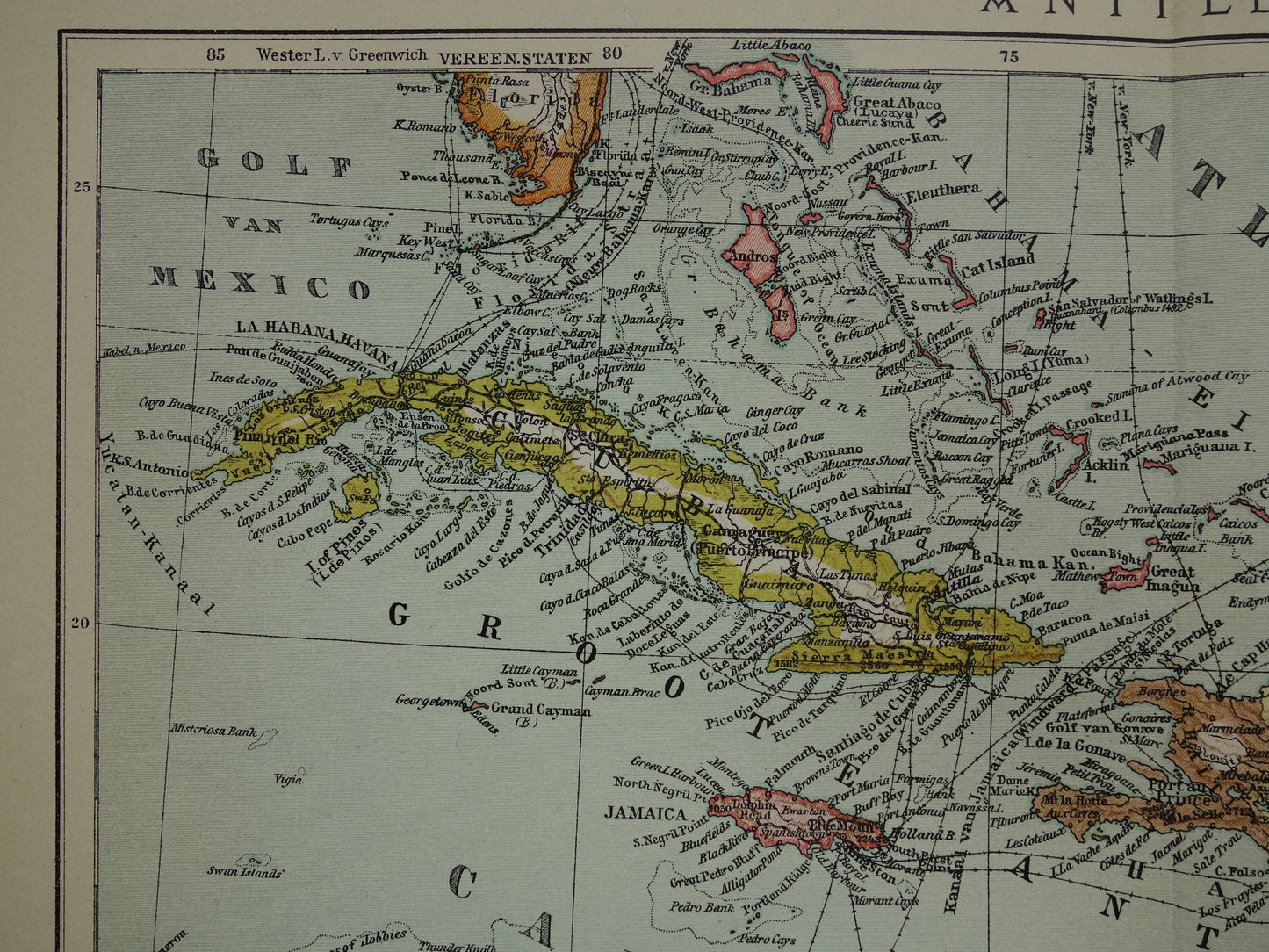 ANTILLES Old Dutch map of the Caribbean 1914 original antique map
