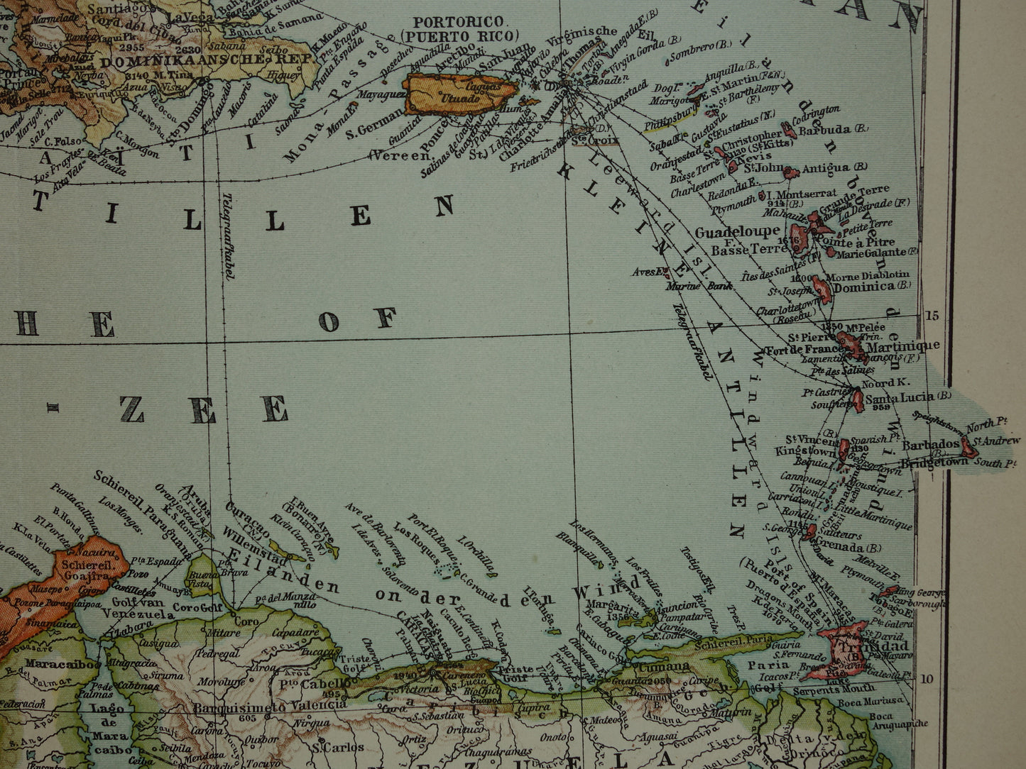 ANTILLES Old Dutch map of the Caribbean 1914 original antique map