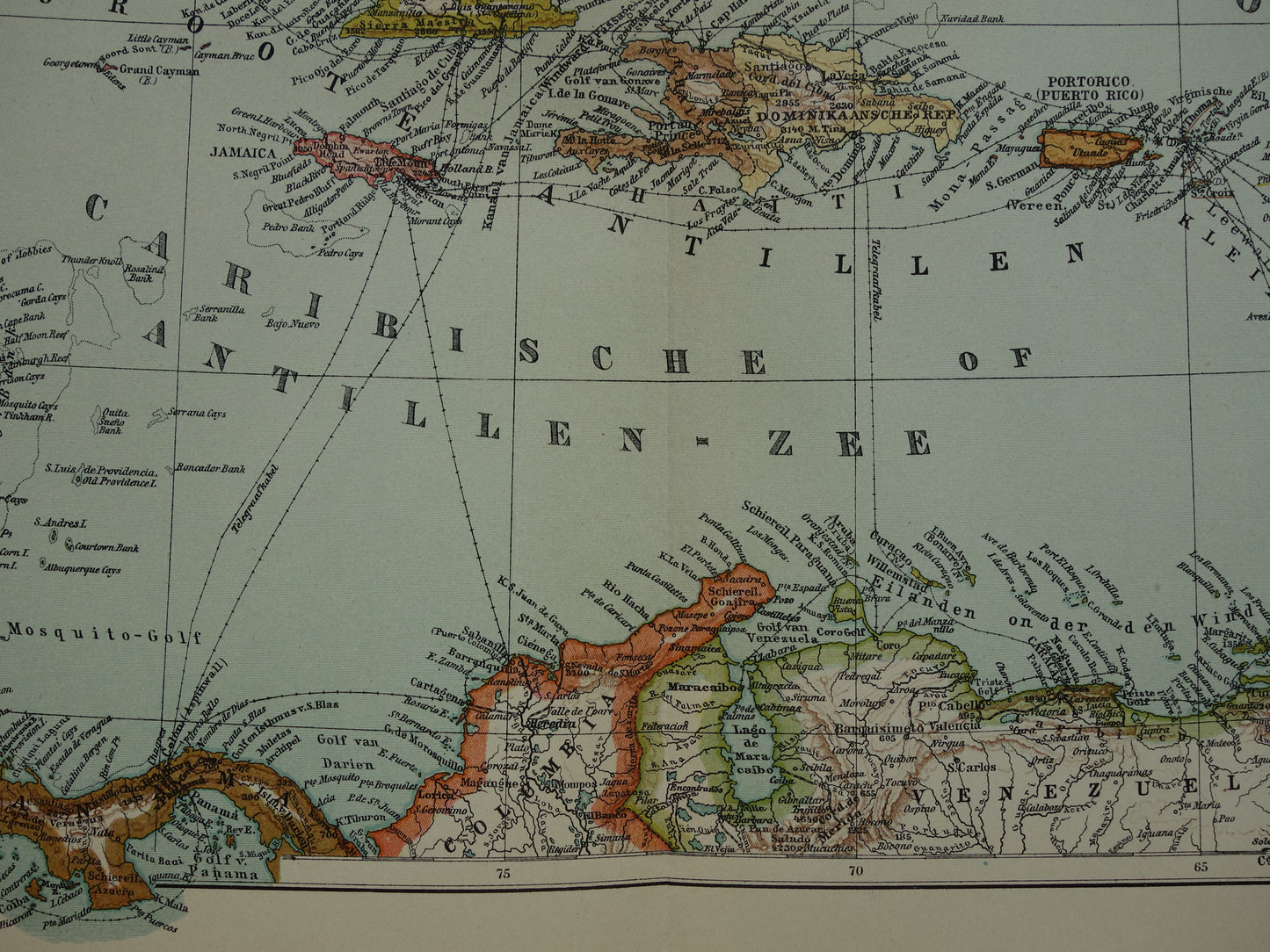 ANTILLES Old Dutch map of the Caribbean 1914 original antique map