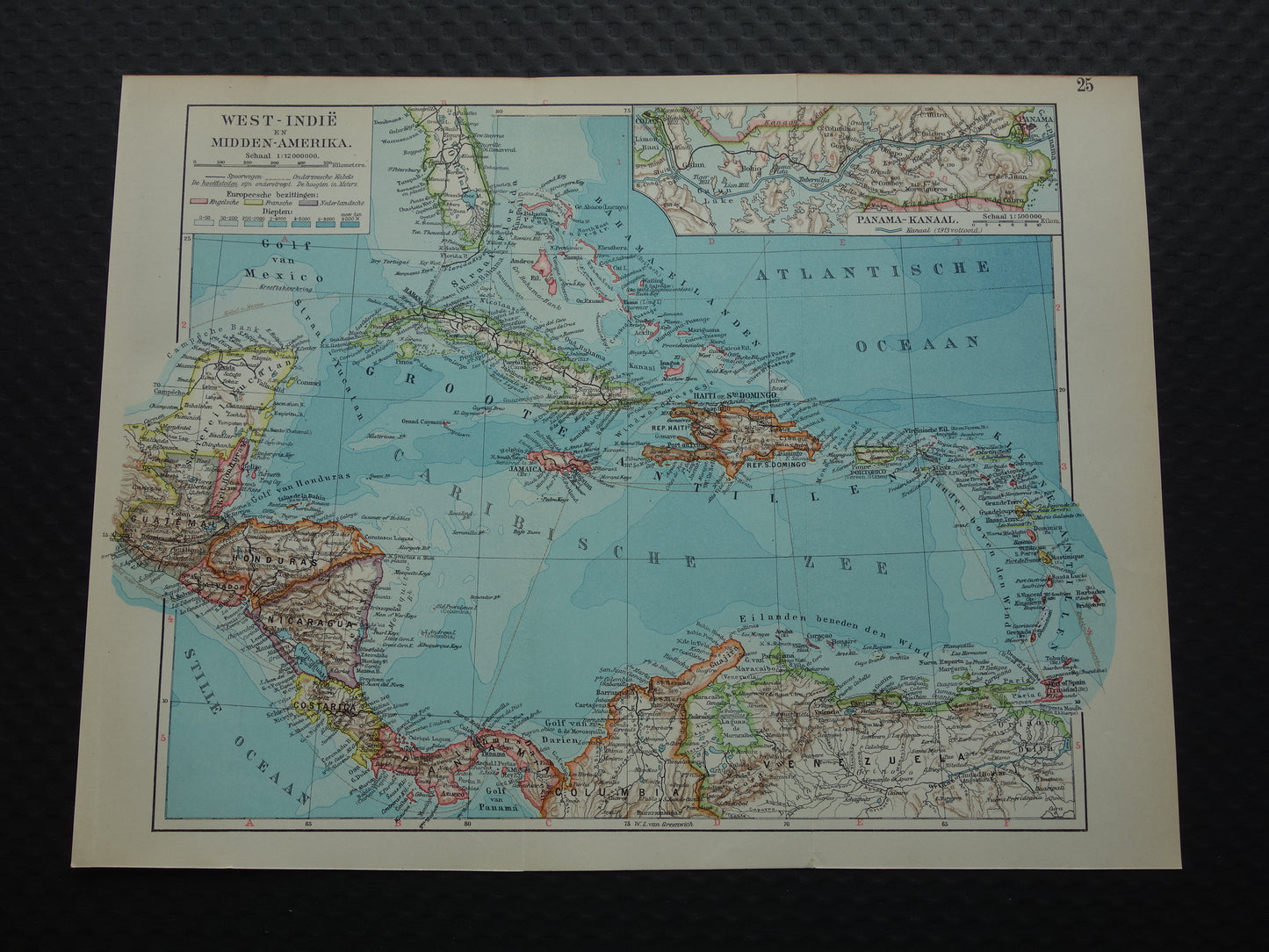ANTILLEN Oude landkaart van het Caribisch gebied West-Indië Midden-Amerika Originele vintage Nederlandse kaart