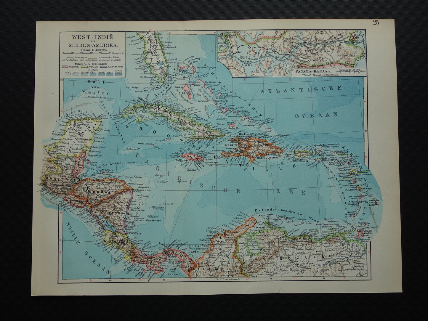 ANTILLEN Oude landkaart van het Caribisch gebied West-Indië Midden-Amerika Originele vintage Nederlandse kaart