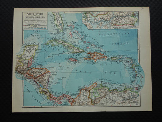 ANTILLEN Oude landkaart van het Caribisch gebied West-Indië Midden-Amerika Originele vintage Nederlandse kaart