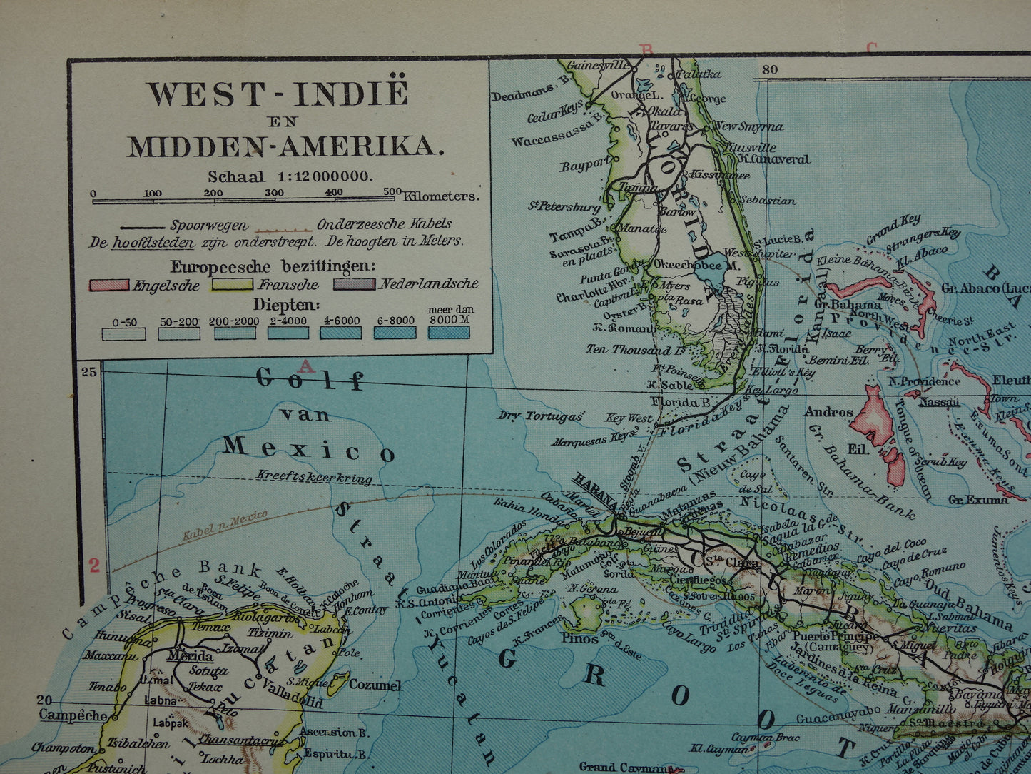 ANTILLEN Oude landkaart van het Caribisch gebied West-Indië Midden-Amerika Originele vintage Nederlandse kaart