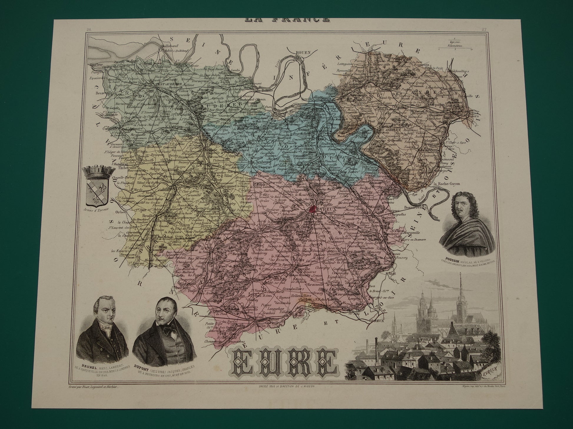 EURE Kaart van Eure departement in Frankrijk uit 1883 originele antieke oude handgekleurde landkaart Evreux