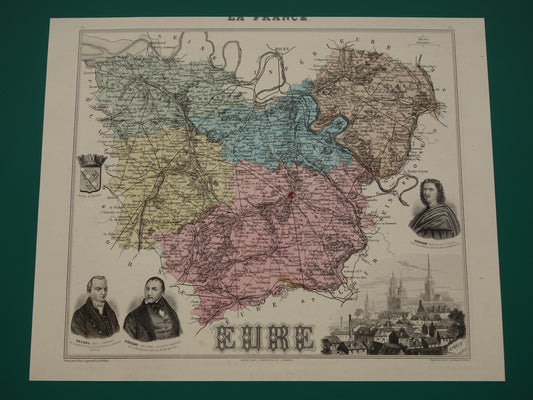 EURE Kaart van Eure departement in Frankrijk uit 1883 originele antieke oude handgekleurde landkaart Evreux