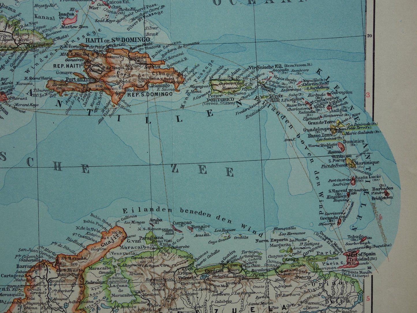 ANTILLEN Oude landkaart van het Caribisch gebied West-Indië Midden-Amerika Originele vintage Nederlandse kaart