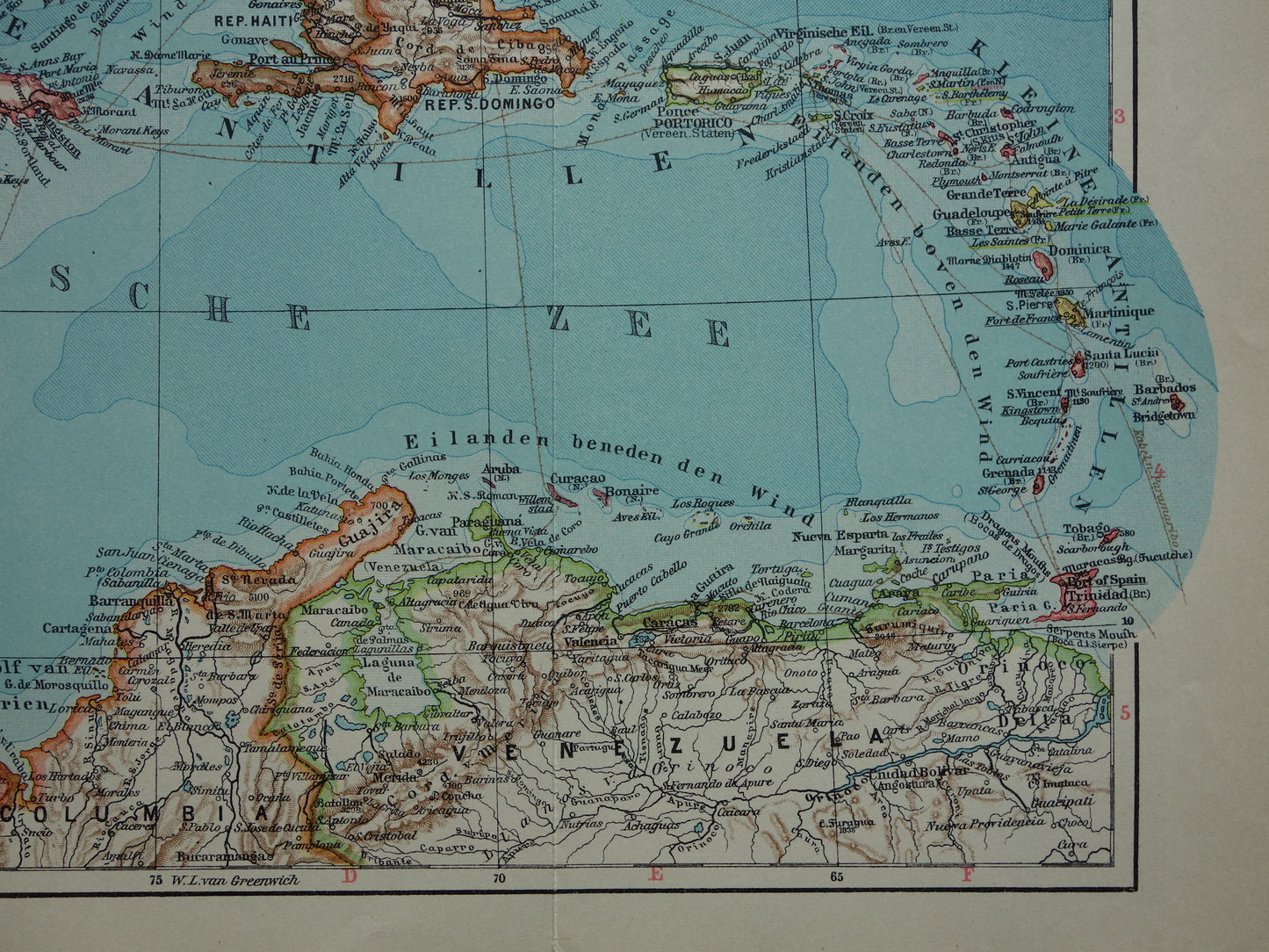 ANTILLEN Oude landkaart van het Caribisch gebied West-Indië Midden-Amerika Originele vintage Nederlandse kaart