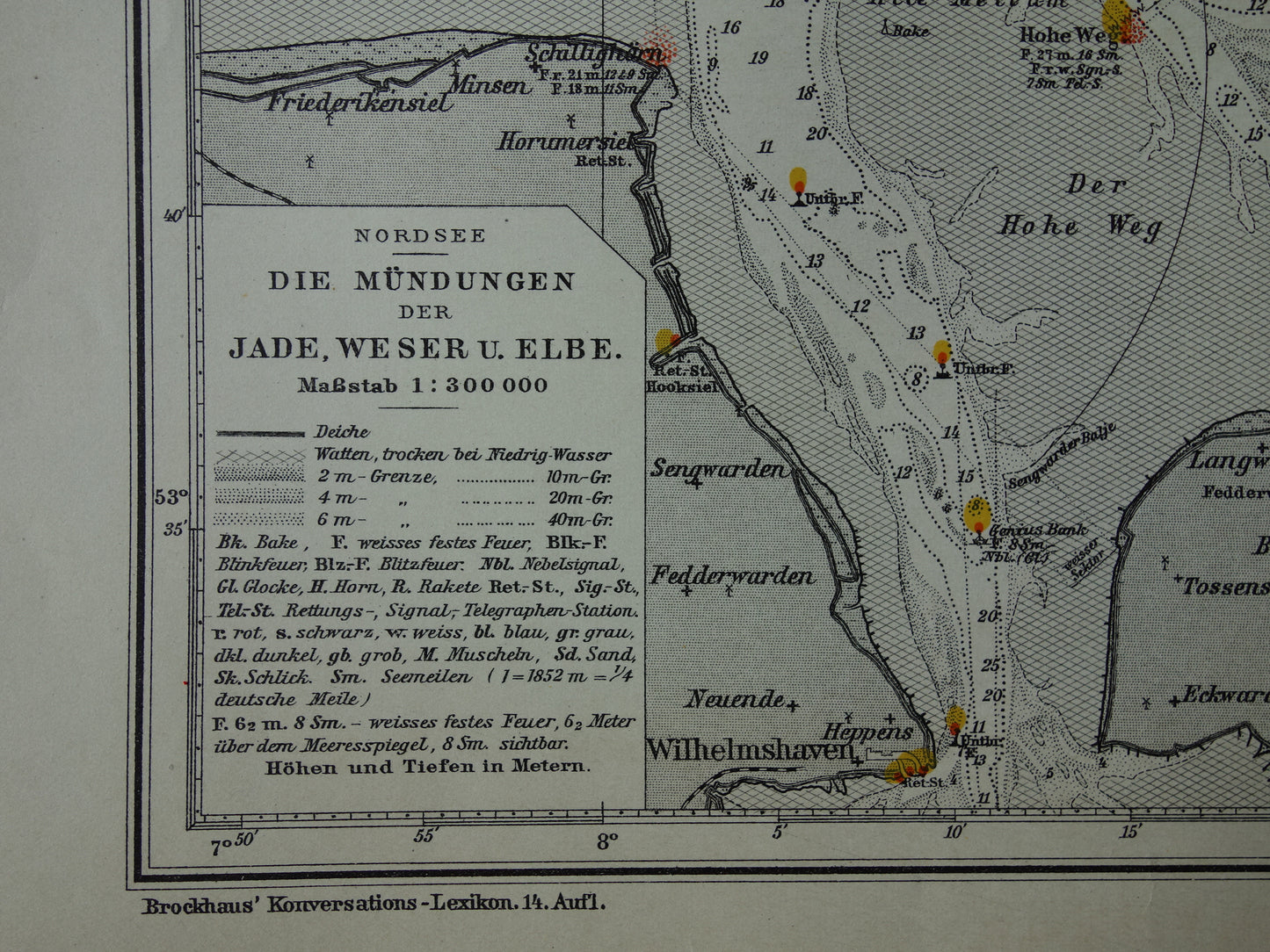 Old map of the mouth of the Jade Weser Elbe river 1908 original German antique print of the delta North Sea vintage maps Bremerhaven nautical chart depth