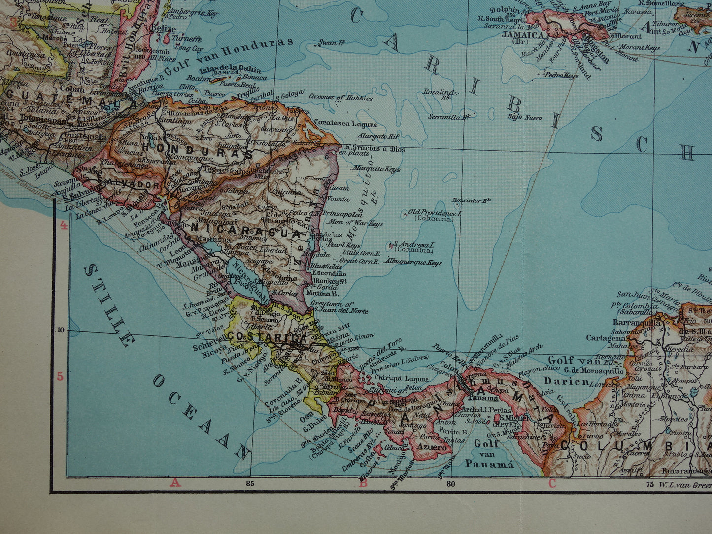 ANTILLEN Oude landkaart van het Caribisch gebied West-Indië Midden-Amerika Originele vintage Nederlandse kaart
