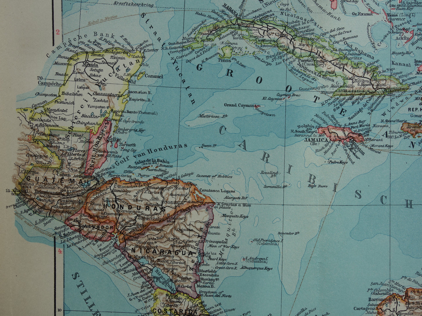 ANTILLEN Oude landkaart van het Caribisch gebied West-Indië Midden-Amerika Originele vintage Nederlandse kaart