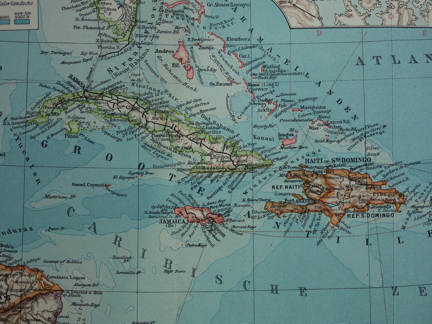 ANTILLEN Oude landkaart van het Caribisch gebied West-Indië Midden-Amerika Originele vintage Nederlandse kaart