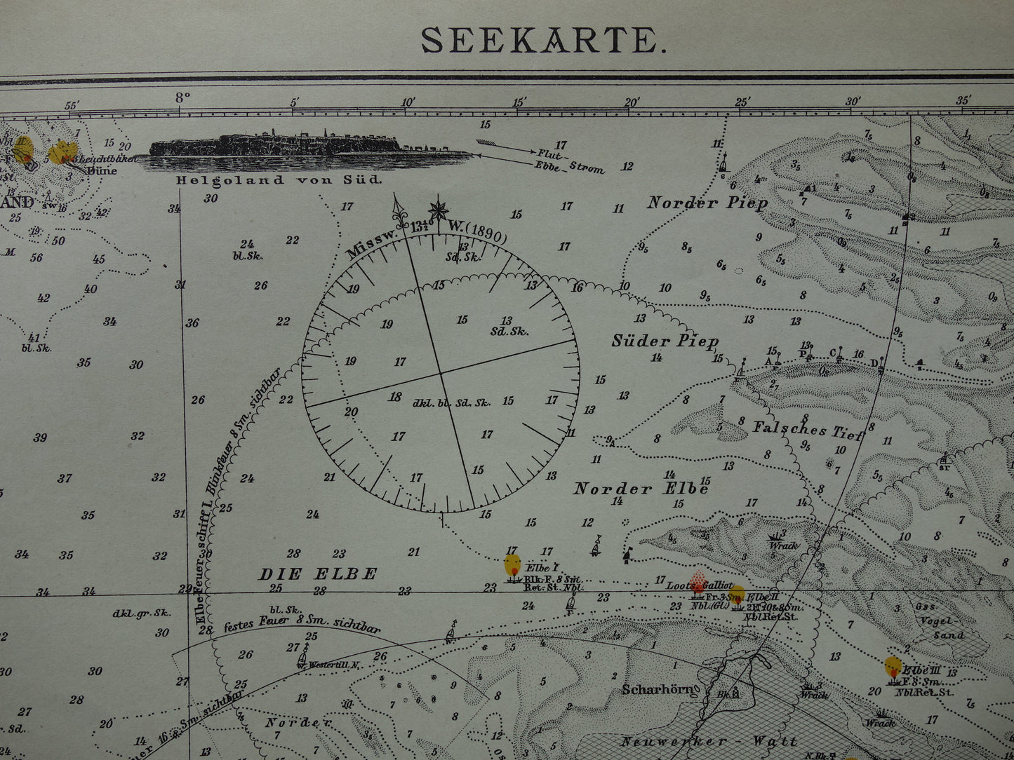 Old map of the mouth of the Jade Weser Elbe river 1908 original German antique print of the delta North Sea vintage maps Bremerhaven nautical chart depth