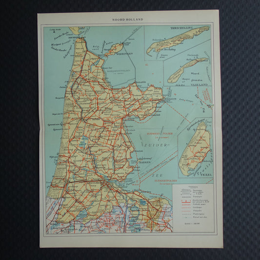 Noord-Holland Oude landkaart van de provincie Noord-Holland uit 1929 originele vintage kaart Zaandam Alkmaar Texel - antieke landkaarten
