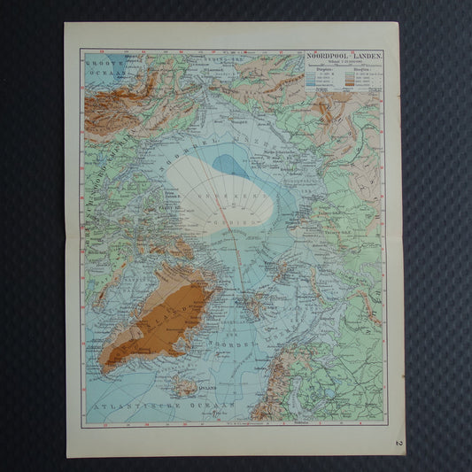 NOORDPOOL oude kaart van het Noordpoolgebied 1929 originele vintage Nederlandse landkaart van de Arctische regio Groenland