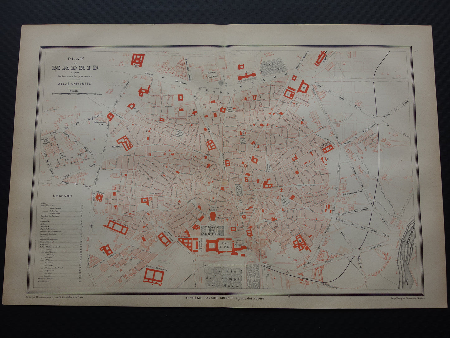 MADRID Grote oude kaart van Madrid Spanje uit 1877 originele antieke Franse plattegrond historische kaarten