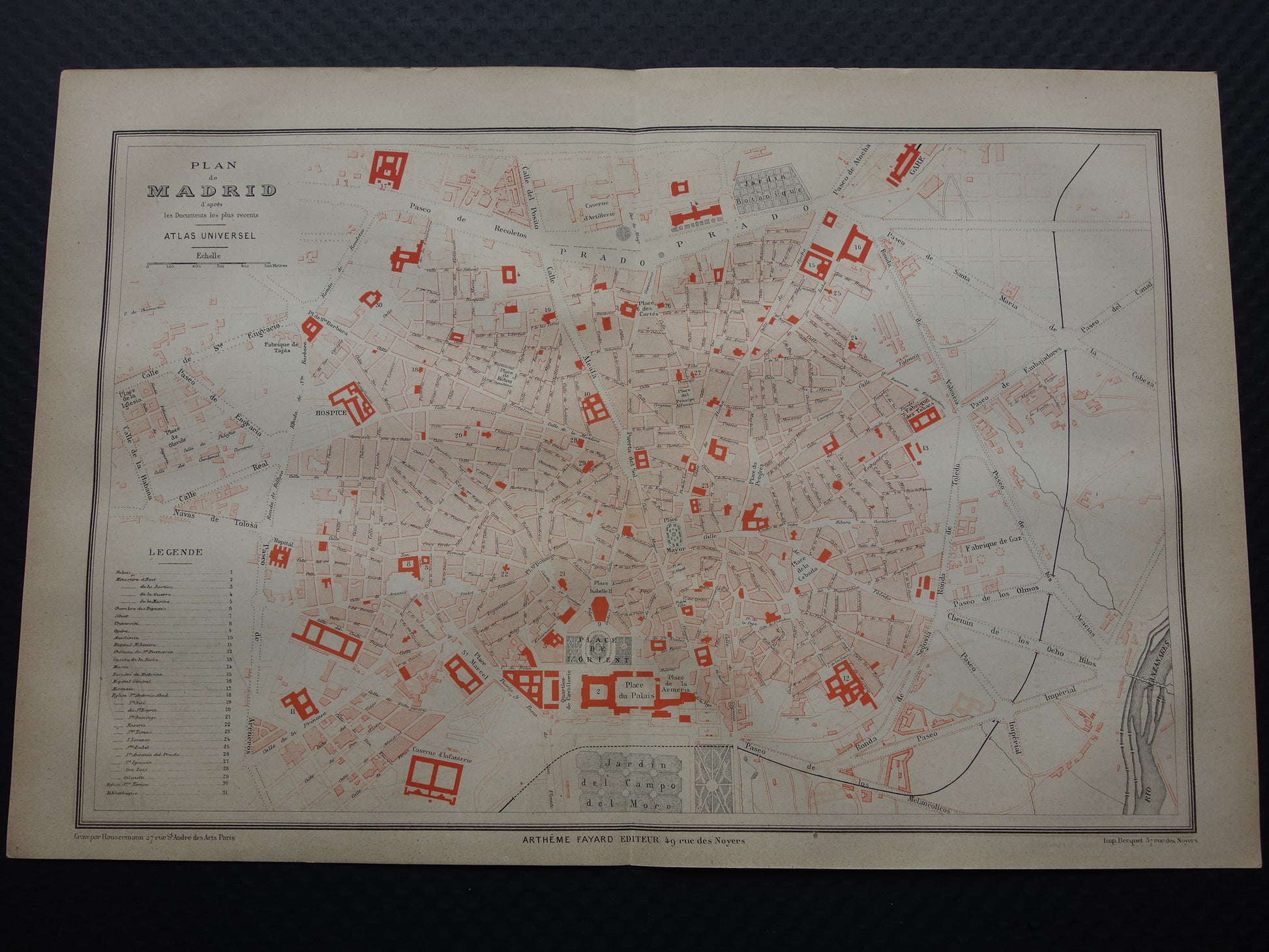 MADRID Grote oude kaart van Madrid Spanje uit 1877 originele antieke Franse plattegrond historische kaarten