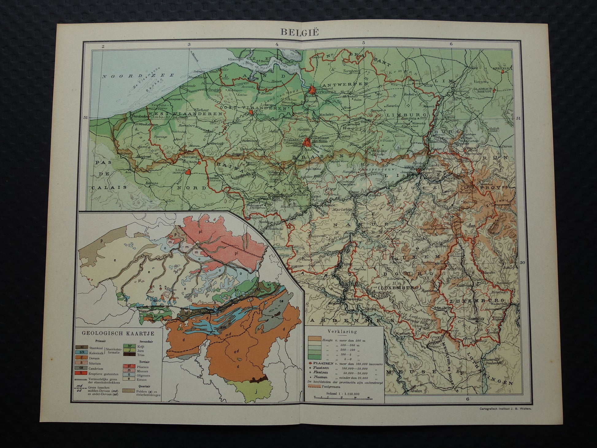 BELGIE Oude kaart van België uit 1933 originele vintage Nederlandse landkaart Geologie