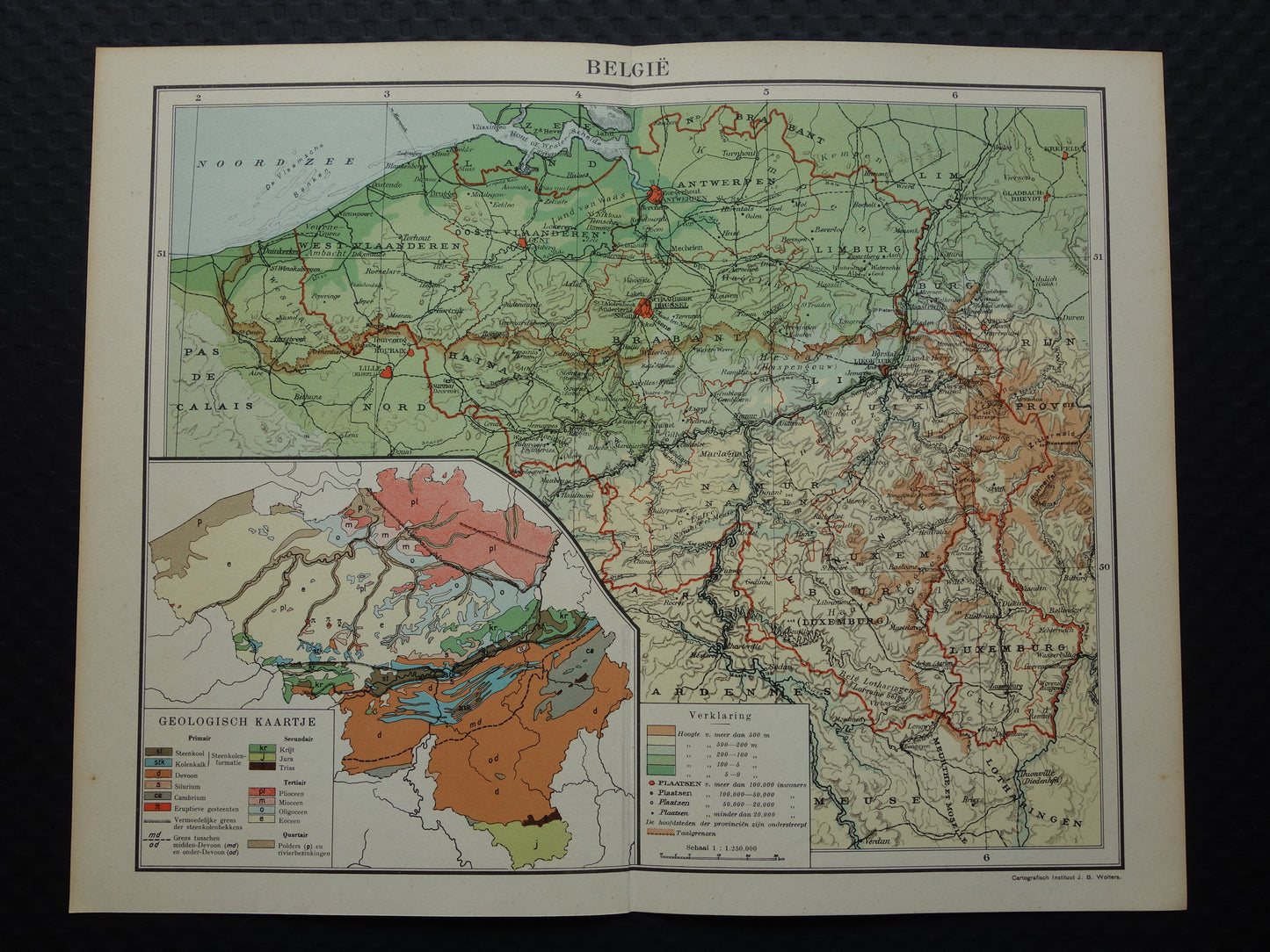 BELGIUM Old map of Belgium from 1933 original vintage Dutch map Geology