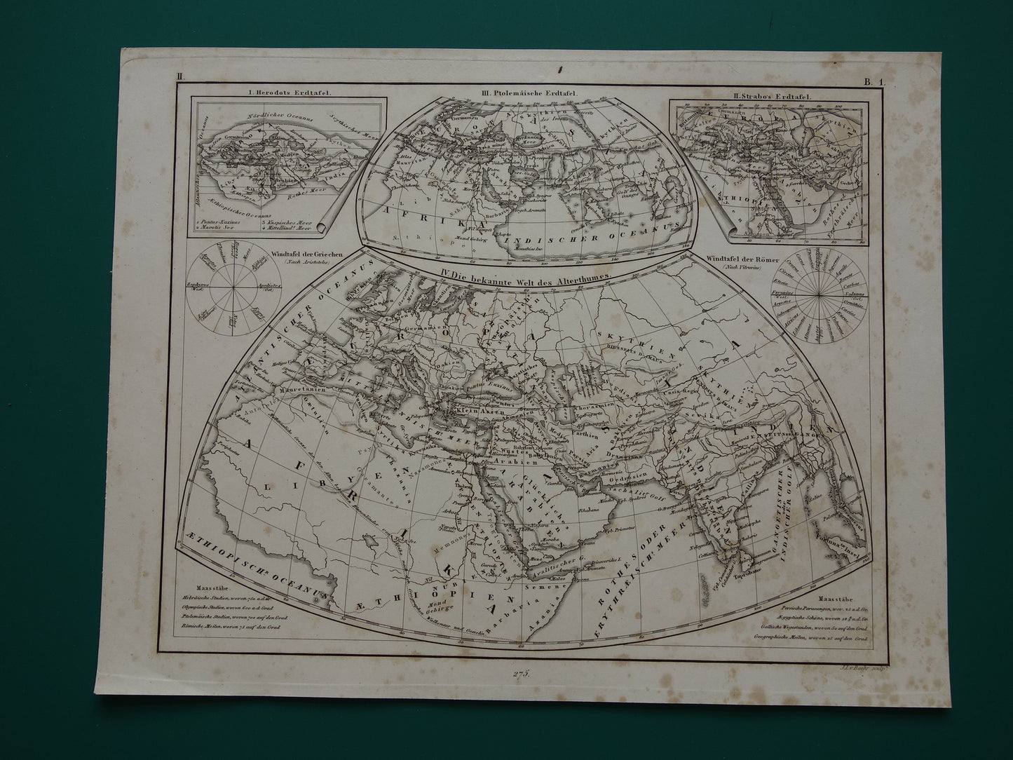 Antique Historical WORLD MAPS 1849 old print with map of Strabo Ptolemy Herodotus of the world in classical antiquity