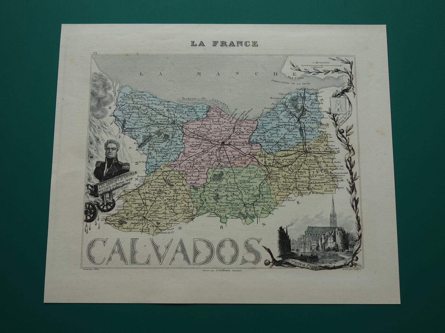 CALVADOS Old Map of a department in France from 1870 original antique hand-colored map Caen Calvados