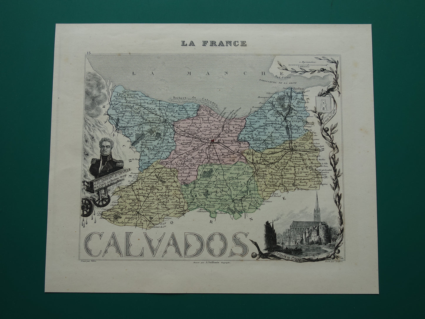 CALVADOS Old Map of a department in France from 1870 original antique hand-colored map Caen Calvados