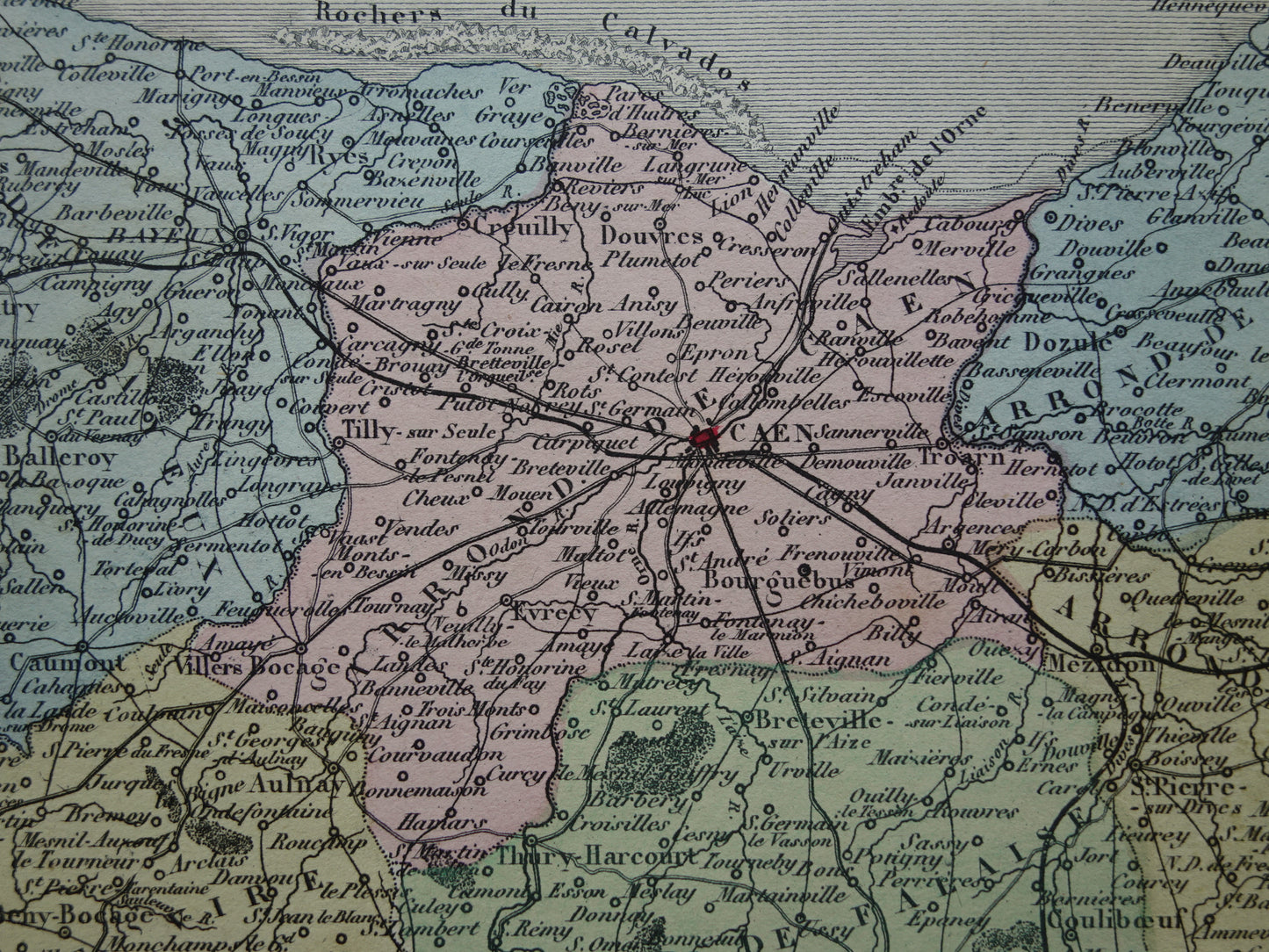 CALVADOS Old Map of a department in France from 1870 original antique hand-colored map Caen Calvados