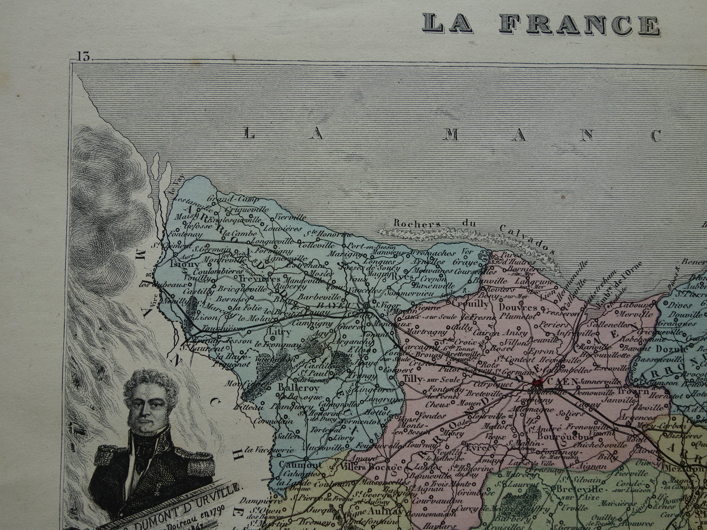CALVADOS Old Map of a department in France from 1870 original antique hand-colored map Caen Calvados
