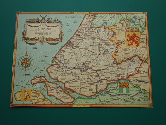 ZUID-HOLLAND Vintage kaart van de provincie Zuid-Holland uit 1947 Oude historische landkaart