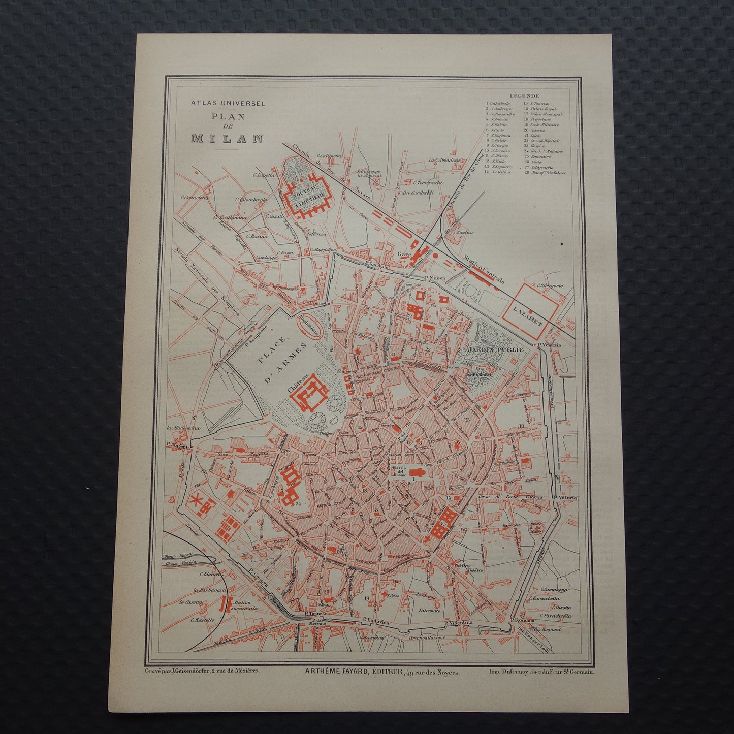 MILAAN Oude kaart van Milaan uit 1877 originele antieke Franse plattegrond historische kaarten