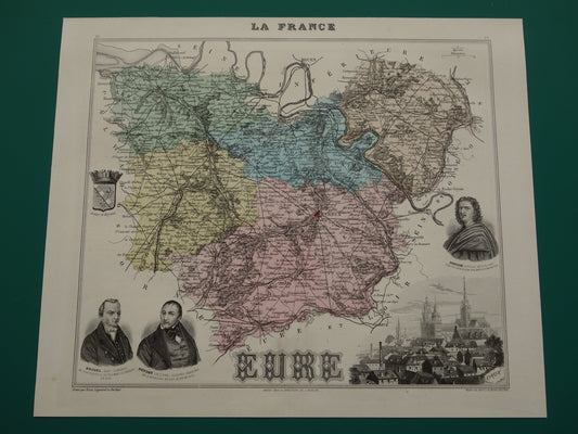 EURE Oude kaart van Eure departement in Frankrijk uit 1882 originele antieke handgekleurde landkaart Evreux