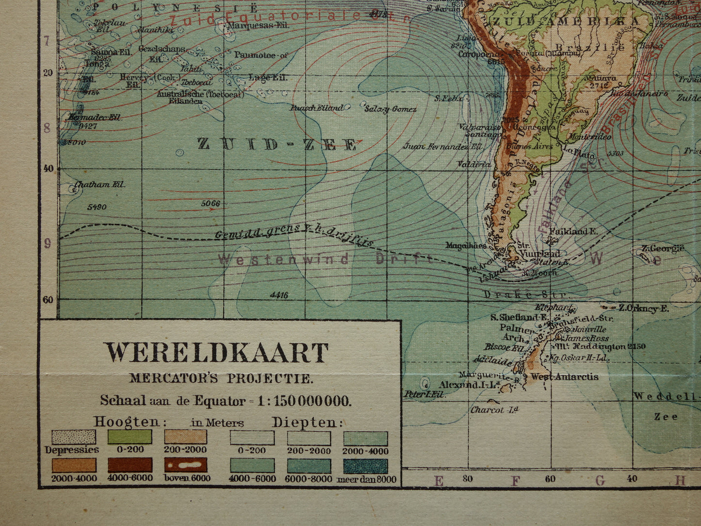 WERELDKAART oude Nederlandse wereldkaart van zeestromingen Originele antieke Nederlandse landkaart hoogtekaart