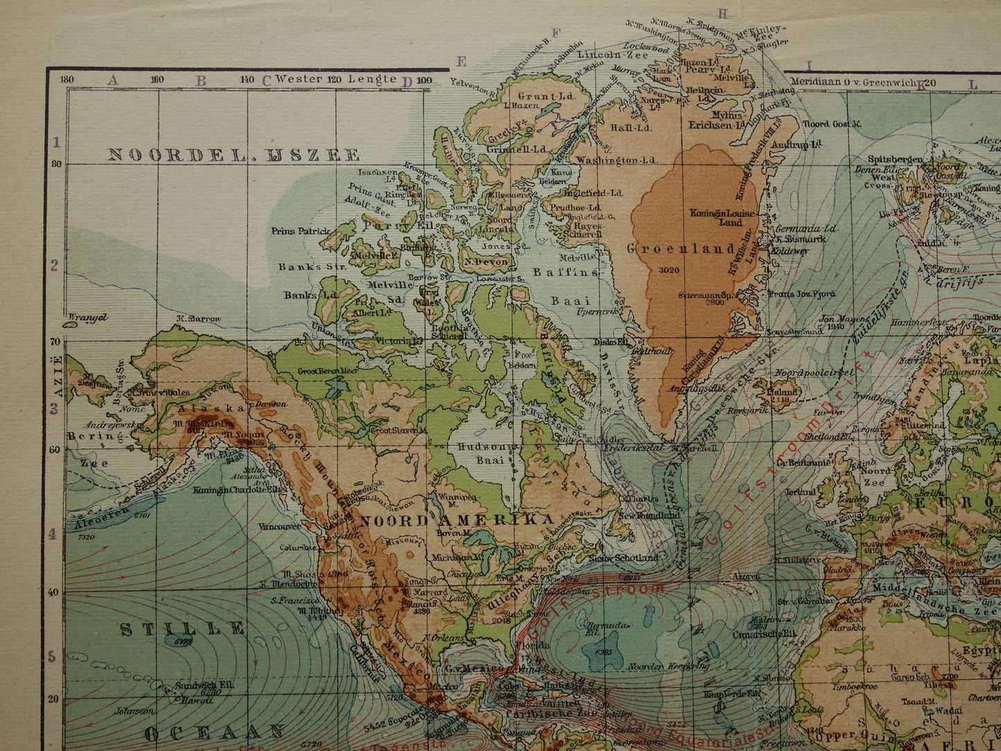 WERELDKAART oude Nederlandse wereldkaart van zeestromingen Originele antieke Nederlandse landkaart hoogtekaart