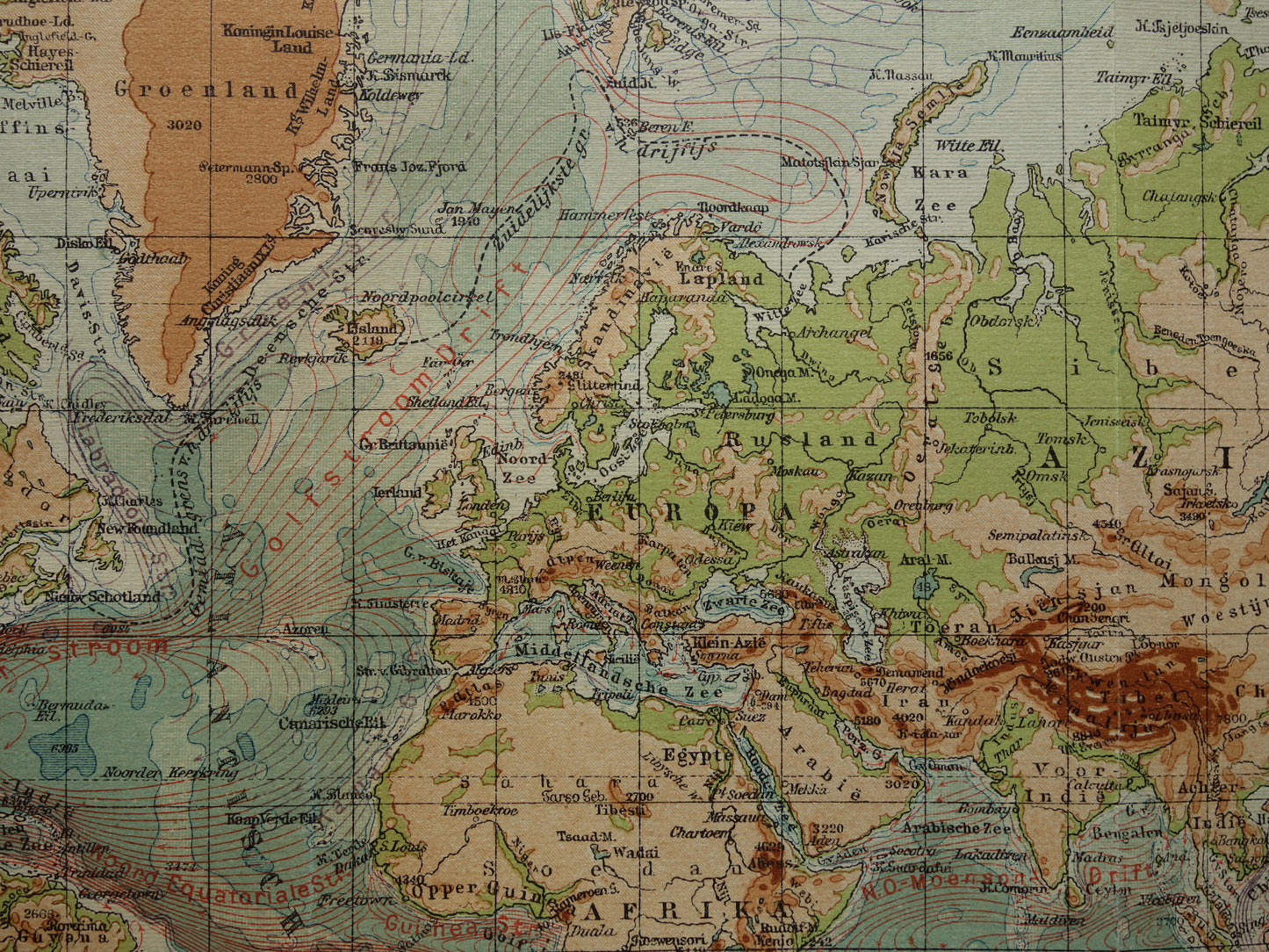 WERELDKAART oude Nederlandse wereldkaart van zeestromingen Originele antieke Nederlandse landkaart hoogtekaart