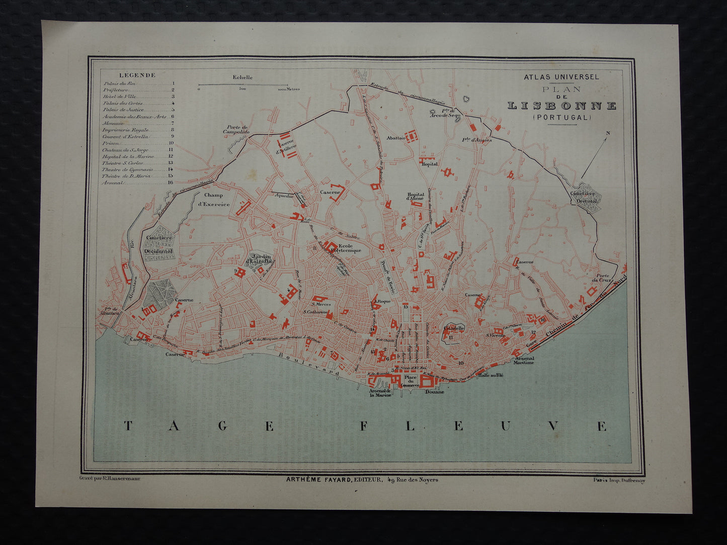 LISSABON antieke plattegrond uit 1877 Originele Franse oude kaart