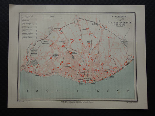 LISSABON antieke plattegrond uit 1877 Originele Franse oude kaart