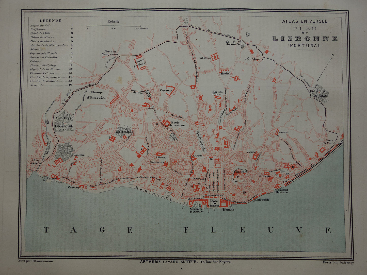 LISSABON antieke plattegrond uit 1877 Originele Franse oude kaart