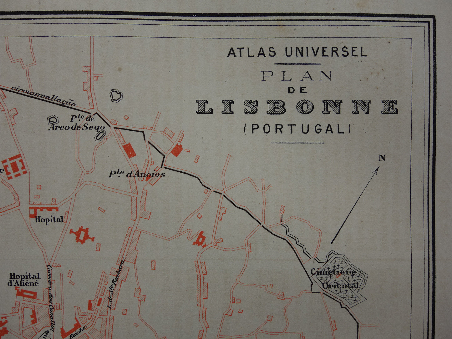 LISSABON antieke plattegrond uit 1877 Originele Franse oude kaart