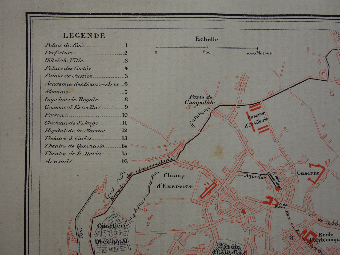 LISSABON antieke plattegrond uit 1877 Originele Franse oude kaart