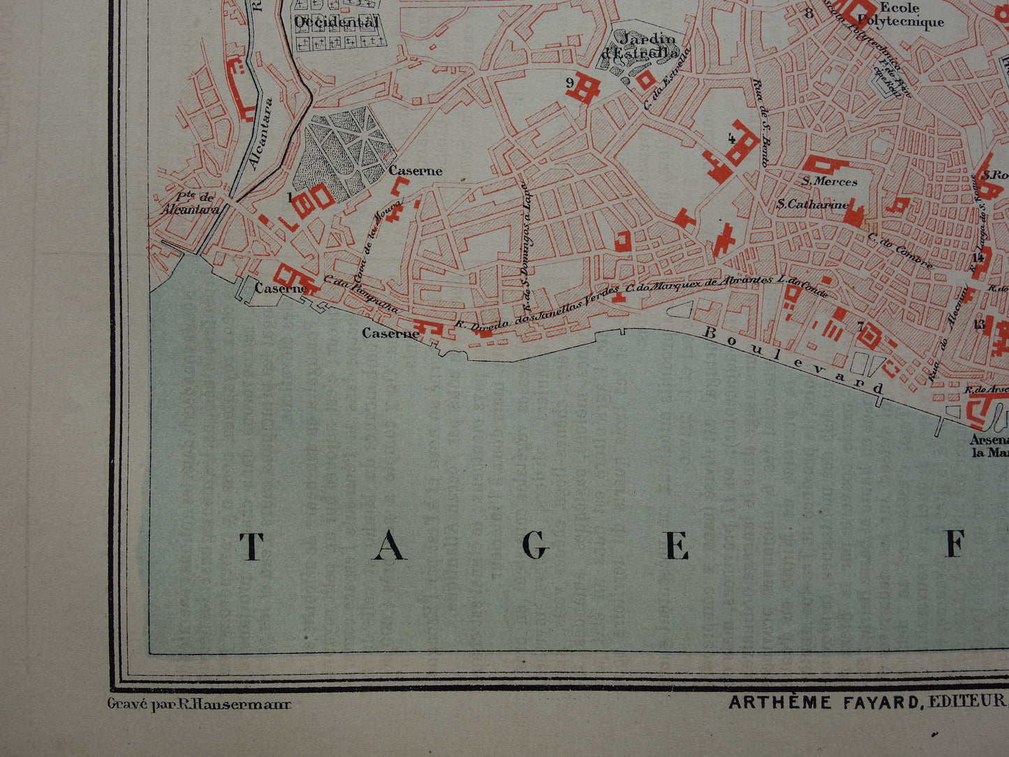 LISSABON antieke plattegrond uit 1877 Originele Franse oude kaart
