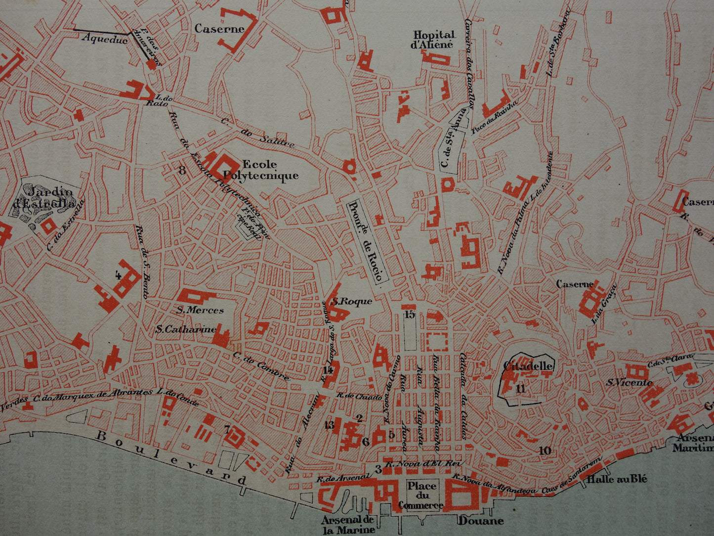LISSABON antieke plattegrond uit 1877 Originele Franse oude kaart
