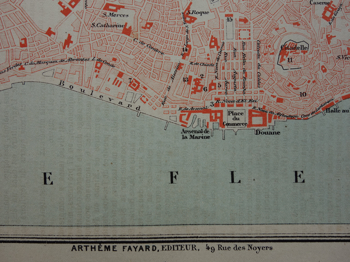 LISSABON antieke plattegrond uit 1877 Originele Franse oude kaart