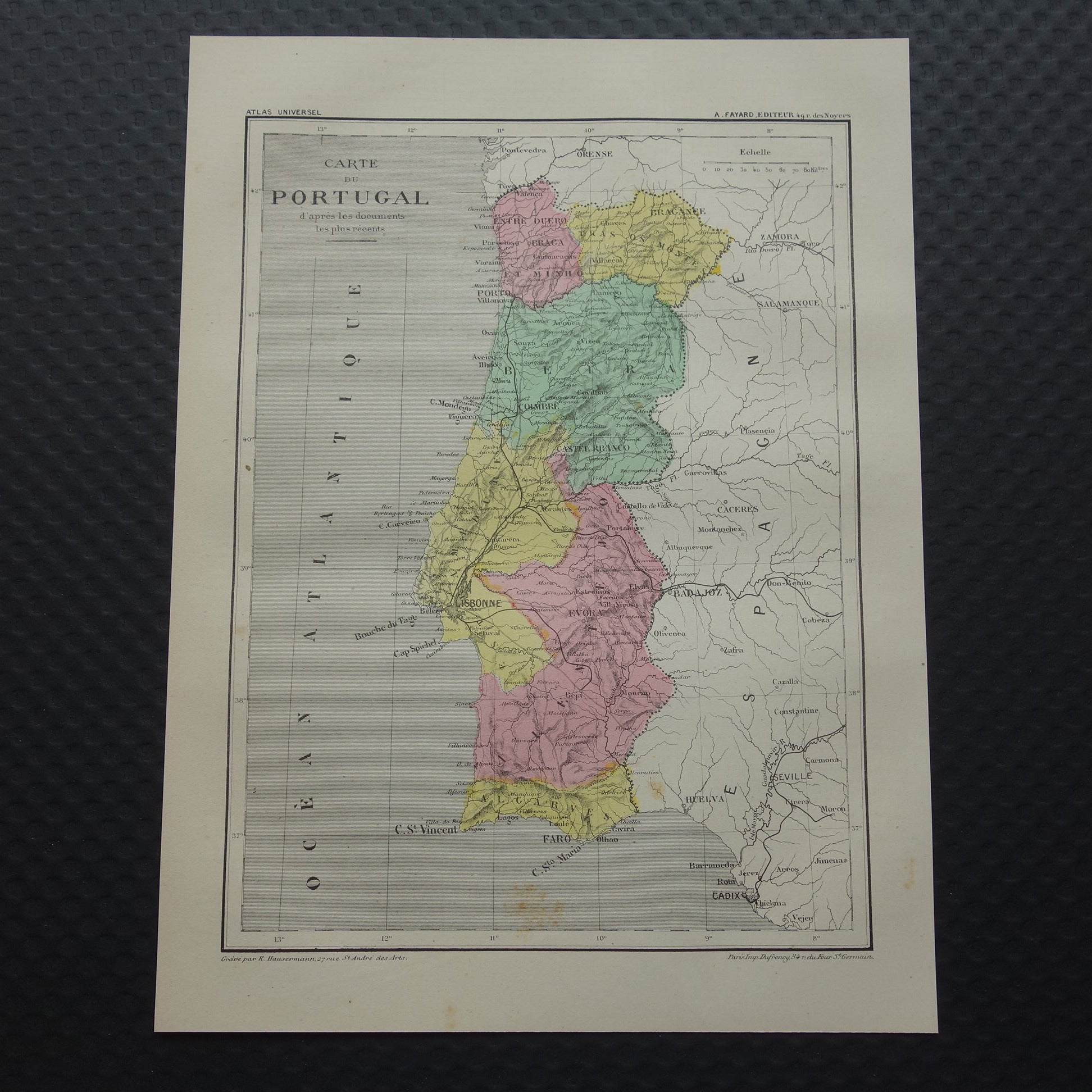 PORTUGAL oude kaart van Portugal 1877 originele antieke Franse landkaart