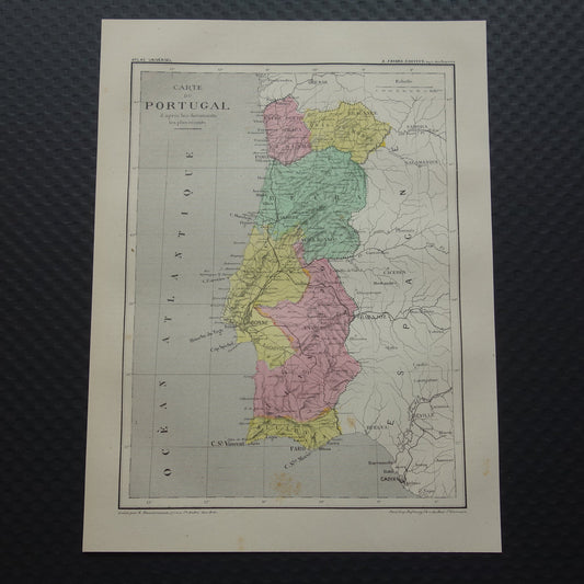 PORTUGAL oude kaart van Portugal 1877 originele antieke Franse landkaart