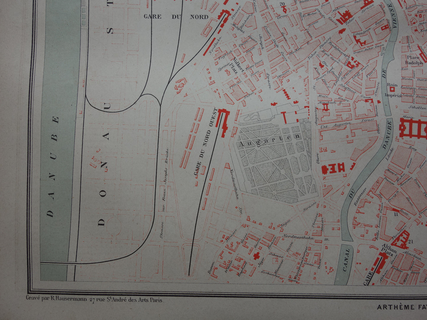 WENEN antieke plattegrond uit 1877 Originele grote Franse oude kaart Wenen Oostenrijk