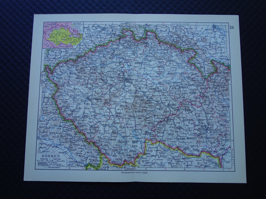 TSJECHIË oude landkaart van Tsjechië originele vintage van Bohemen en Moravië  in 1928