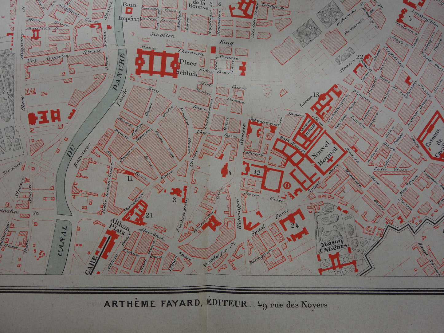 WENEN antieke plattegrond uit 1877 Originele grote Franse oude kaart Wenen Oostenrijk